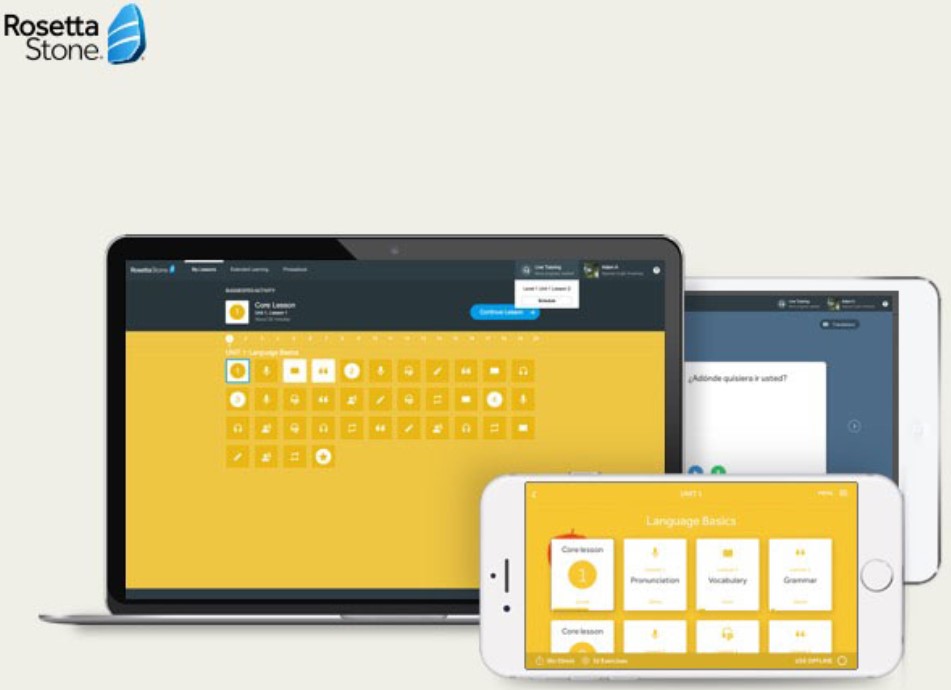 Rosetta Stone auf dem Laptop, Smartphone und Tablet